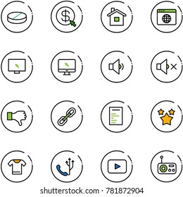 line vector icon set - pill vector, money click, home, browser globe, monitor cursor, low volume, off, dislike, link, document, stars, t shirt, phone, playback, radio