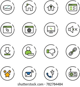 line vector icon set - pill vector, home, website, cursor browser, globe, monitor, volume off, download, user password, dislike, link, stars, wireless mail, phone, radio
