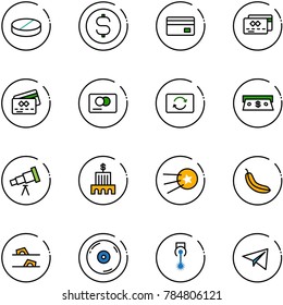 line vector icon set - pill vector, dollar coin, credit card, exchange, cash, telescope, bank building, first satellite, banana, flip flops, cd, laser, paper plane