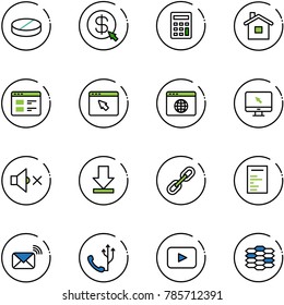 line vector icon set - pill vector, money click, calculator, home, website, cursor browser, globe, monitor, volume off, download, link, document, wireless mail, phone, playback, carbon