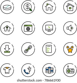 line vector icon set - pill vector, money click, home, browser globe, monitor cursor, low volume, download, link, document, stars, t shirt, phone, carbon, radio