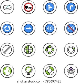 line vector icon set - pill vector, no trailer road sign, only forward right, circle, minimal speed limit, end, globe, friends, reload, chart, ufo toy