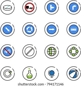 line vector icon set - pill vector, no trailer road sign, only forward right, detour, circle, bus, end minimal speed limit, globe, friends, reload, round flask, beach ball