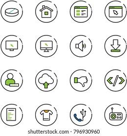 line vector icon set - pill vector, home, website, cursor browser, monitor, low volume, download, user password, upload cloud, dislike, tag code, document, t shirt, phone, radio