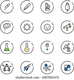 line vector icon set - pipette vector, thermometer, lab, drop counter, brain, virus, telescope, flask, laser, satellite, robot, rocket, molecule, atom core