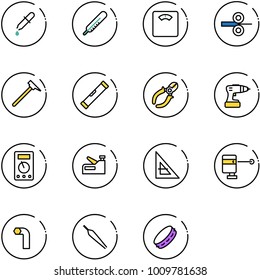 line vector icon set - pipette vector, thermometer, floor scales, steel rolling, mason hammer, level, side cutters, drill, multimeter, stapler, corner ruler, laser lever, allen key, forceps