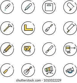 line vector icon set - pipette vector, thermometer, floor scales, fretsaw, mason hammer, corner ruler, chisel, metal hacksaw, pencil, jig saw, rasp, laser lever, awl, guitar, xylophone, horn toy