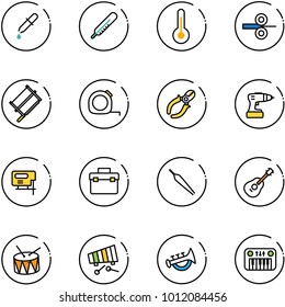 line vector icon set - pipette vector, thermometer, steel rolling, bucksaw, measuring tape, side cutters, drill, jig saw, tool box, forceps, guitar, drum, xylophone, horn toy, piano