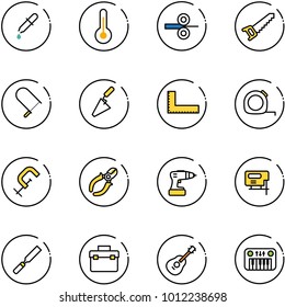 line vector icon set - pipette vector, thermometer, steel rolling, saw, fretsaw, trowel, corner ruler, measuring tape, clamp, side cutters, drill, jig, rasp, tool box, guitar, toy piano