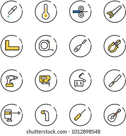 line vector icon set - pipette vector, thermometer, steel rolling, saw, corner ruler, measuring tape, chisel, side cutters, drill, jig, welding, rasp, laser lever, allen key, awl, guitar