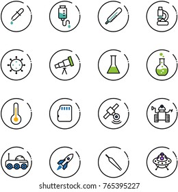 line vector icon set - pipette vector, drop counter, thermometer, lab, virus, telescope, flask, round, micro flash card, satellite, robot, moon rover, rocket, forceps, ufo toy