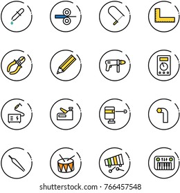 line vector icon set - pipette vector, steel rolling, fretsaw, corner ruler, side cutters, pencil, drill machine, multimeter, welding, stapler, laser lever, allen key, forceps, drum, xylophone