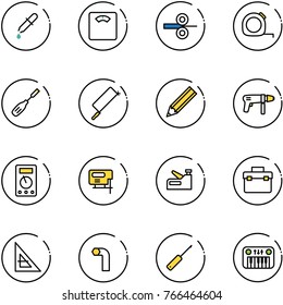 line vector icon set - pipette vector, floor scales, steel rolling, measuring tape, chisel, metal hacksaw, pencil, drill machine, multimeter, jig saw, stapler, tool box, corner ruler, allen key, awl