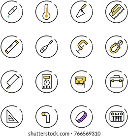 line vector icon set - pipette vector, thermometer, trowel, level, chisel, clamp, side cutters, metal hacksaw, multimeter, jig saw, tool box, corner ruler, allen key, tambourine, toy piano