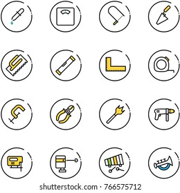 line vector icon set - pipette vector, floor scales, fretsaw, trowel, level, corner ruler, measuring tape, clamp, side cutters, wood drill, machine, jig saw, laser lever, xylophone, horn toy