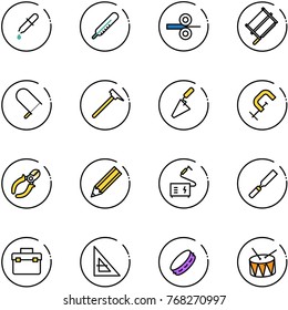 line vector icon set - pipette vector, thermometer, steel rolling, bucksaw, fretsaw, mason hammer, trowel, clamp, side cutters, pencil, welding, rasp, tool box, corner ruler, tambourine, drum
