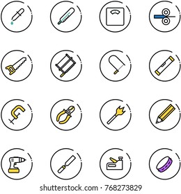 line vector icon set - pipette vector, thermometer, floor scales, steel rolling, saw, bucksaw, fretsaw, level, clamp, side cutters, wood drill, pencil, rasp, stapler, tambourine