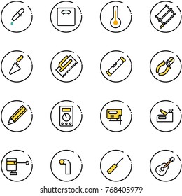 line vector icon set - pipette vector, floor scales, thermometer, bucksaw, trowel, level, side cutters, pencil, multimeter, jig saw, stapler, laser lever, allen key, awl, guitar