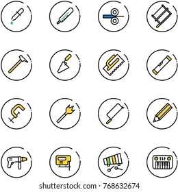 line vector icon set - pipette vector, thermometer, steel rolling, bucksaw, mason hammer, trowel, level, clamp, wood drill, metal hacksaw, pencil, machine, jig saw, xylophone, toy piano