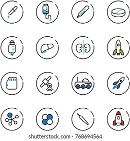 line vector icon set - pipette vector, drop counter, thermometer, pill, liver, kidneys, rocket, micro flash card, satellite, moon rover, molecule, atom core, forceps