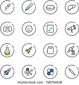 line vector icon set - pipette vector, thermometer, pill, liver, kidneys, virus, x ray, telescope, round flask, rocket, micro flash card, satellite, molecule, atom core, forceps