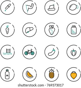 line vector icon set - pipette vector, power hand, treadmill, lemon, carrot, liver, heart, pills bottle, pool, bike, eggplant, sweet pepper, milk, watermelone, pineapple, strawberry
