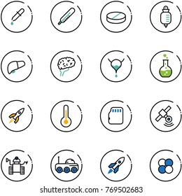 line vector icon set - pipette vector, thermometer, pill, drop counter, liver, brain, bladder, round flask, rocket, micro flash card, satellite, robot, moon rover, atom core