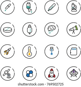line vector icon set - pipette vector, drop counter, thermometer, lab, pill, brain, telescope, rocket, laser, micro flash card, satellite, atom core, ufo toy