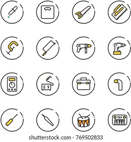 line vector icon set - pipette vector, floor scales, saw, trowel, clamp, metal hacksaw, drill machine, multimeter, welding, tool box, allen key, awl, forceps, drum, toy piano