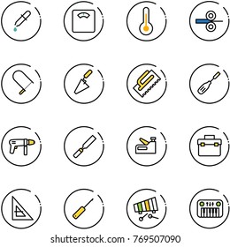 line vector icon set - pipette vector, floor scales, thermometer, steel rolling, fretsaw, trowel, chisel, drill machine, rasp, stapler, tool box, corner ruler, awl, xylophone, toy piano