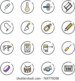 line vector icon set - pipette vector, thermometer, steel rolling, bucksaw, fretsaw, trowel, side cutters, pencil, drill machine, multimeter, laser lever, awl, tambourine, drum, horn toy, piano