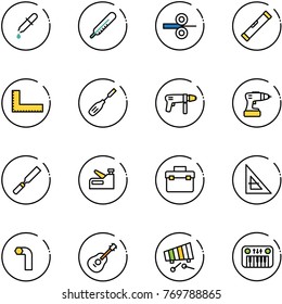 line vector icon set - pipette vector, thermometer, steel rolling, level, corner ruler, chisel, drill machine, rasp, stapler, tool box, allen key, guitar, xylophone, toy piano