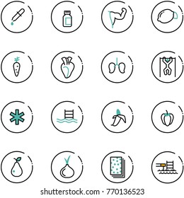 line vector icon set - pipette vector, pills bottle, power hand, lemon, carrot, heart, lungs, pull ups, ambulance star, pool, banana, sweet pepper, pear, onion, breads