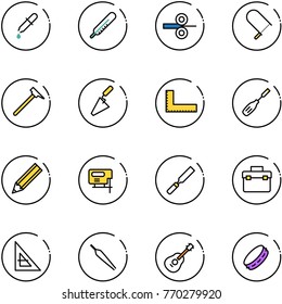 line vector icon set - pipette vector, thermometer, steel rolling, fretsaw, mason hammer, trowel, corner ruler, chisel, pencil, jig saw, rasp, tool box, forceps, guitar, tambourine