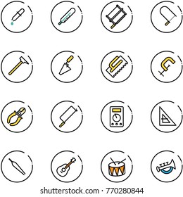 line vector icon set - pipette vector, thermometer, bucksaw, fretsaw, mason hammer, trowel, clamp, side cutters, metal hacksaw, multimeter, corner ruler, forceps, guitar, drum, horn toy