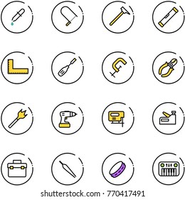 line vector icon set - pipette vector, fretsaw, mason hammer, level, corner ruler, chisel, clamp, side cutters, wood drill, jig saw, stapler, tool box, forceps, tambourine, toy piano