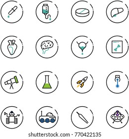 line vector icon set - pipette vector, drop counter, pill, liver, heart, brain, bladder, x ray, telescope, flask, rocket, laser, robot, moon rover, forceps, ufo toy