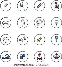 line vector icon set - pipette vector, drop counter, thermometer, lab, pill, brain, bladder, virus, telescope, rocket, laser, moon rover, atom core, ufo toy