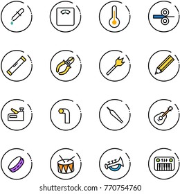 line vector icon set - pipette vector, floor scales, thermometer, steel rolling, level, side cutters, wood drill, pencil, stapler, allen key, forceps, guitar, tambourine, drum, horn toy, piano