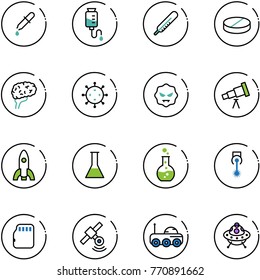 line vector icon set - pipette vector, drop counter, thermometer, pill, brain, virus, telescope, rocket, flask, round, laser, micro flash card, satellite, moon rover, ufo toy