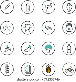 line vector icon set - pipette vector, vial, power hand, heart, lungs, tooth, abdominal muscles, weight, banana, eggplant, broccoli, milk, spica, breads, pineapple, bike