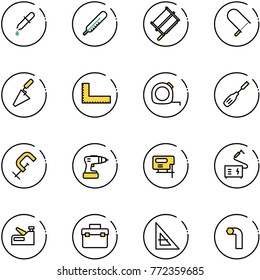line vector icon set - pipette vector, thermometer, bucksaw, fretsaw, trowel, corner ruler, measuring tape, chisel, clamp, drill, jig saw, welding, stapler, tool box, allen key