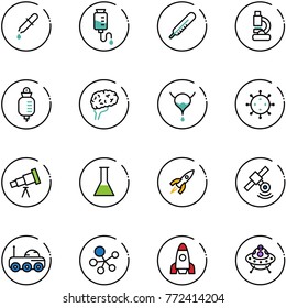 line vector icon set - pipette vector, drop counter, thermometer, lab, brain, bladder, virus, telescope, flask, rocket, satellite, moon rover, molecule, ufo toy