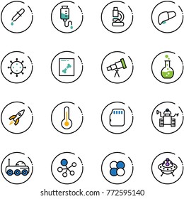 line vector icon set - pipette vector, drop counter, lab, liver, virus, x ray, telescope, round flask, rocket, thermometer, micro flash card, robot, moon rover, molecule, atom core, ufo toy