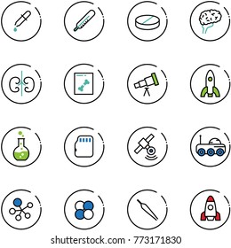 line vector icon set - pipette vector, thermometer, pill, brain, kidneys, x ray, telescope, rocket, round flask, micro flash card, satellite, moon rover, molecule, atom core, forceps