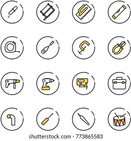 line vector icon set - pipette vector, bucksaw, trowel, level, measuring tape, chisel, clamp, side cutters, drill machine, jig saw, tool box, allen key, awl, forceps, drum