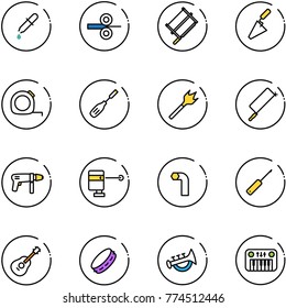 line vector icon set - pipette vector, steel rolling, bucksaw, trowel, measuring tape, chisel, wood drill, metal hacksaw, machine, laser lever, allen key, awl, guitar, tambourine, horn toy, piano