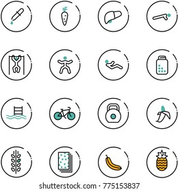line vector icon set - pipette vector, carrot, liver, push ups, pull, gymnastics, abdominal muscles, pills bottle, pool, bike, weight, banana, spica, breads, pineapple