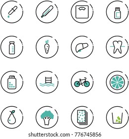 line vector icon set - pipette vector, thermometer, floor scales, pills bottle, vial, carrot, liver, tooth, pool, bike, lemon slice, pear, broccoli, breads, garbage