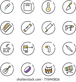 line vector icon set - pipette vector, floor scales, thermometer, trowel, level, metal hacksaw, drill machine, welding, laser lever, allen key, forceps, guitar, tambourine, drum, xylophone